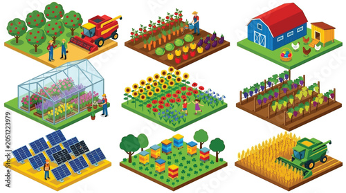 Foto Isometric farm scenes with crops livestock and renewable energy sources