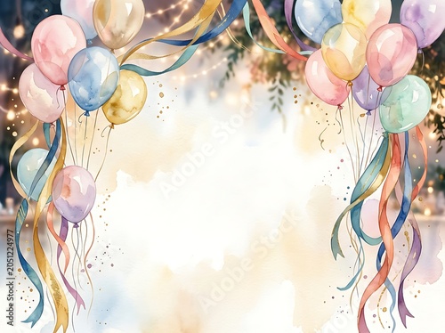 Watercolor Pastel Balloons and Ribbons Celebration Background