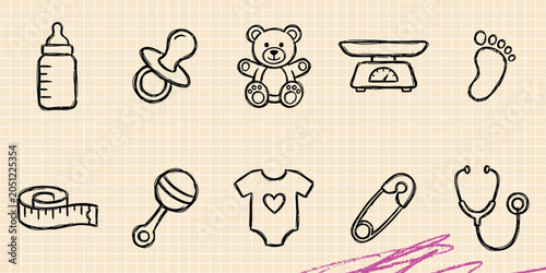 Foto Black ink scribble doodle vector vintage hand drawn set of childhood kids toys b