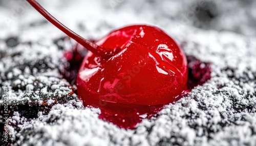 A glistening maraschino cherry with a stem rests atop a dusting of powdered sugar, showcasing its vibrant red hue and syrupy surface.