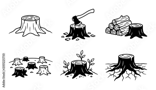 Bild auf Leinwand Tree Stump Vector Icons, Woodcutting Scenes, Forest Remnants, Nature Elements