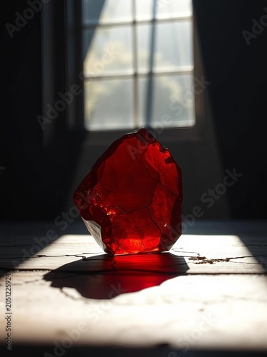 Crimson glint on a cracked facet, a shadowed silhouette whispering of distant strife,  insurgency, diamond