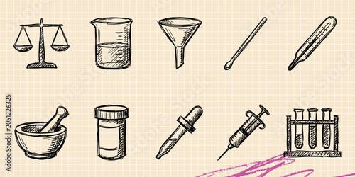 Canvastavla Black ink scribble doodle vector vintage hand drawn set of chemistry science lab