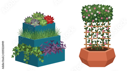 Foto Potted succulents and flowering vine with trellis vector illustration