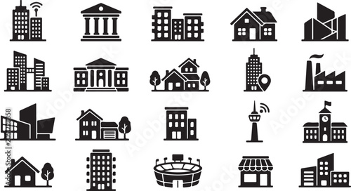 Set of various architectural building and house icons in flat black style with building, residential