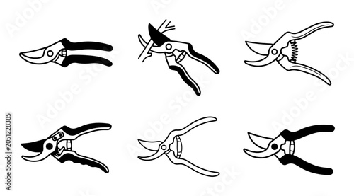 Quadro su tela Gardening Pruning Shears Set, Hand Tool Illustrations, Black and White Vector Ic