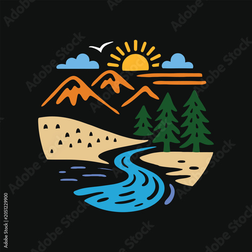 Landscape with river, mountains and sunny sky vector, AI, Illustartion