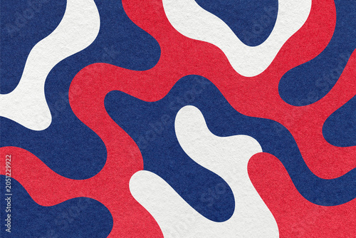 Abstract paper texture background with red, dark blue and white camouflage pattern with organic wavy lines and camo shapes