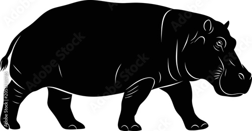 Photography Black silhouette of a standing hippopotamus profile view with hippopotamus silho