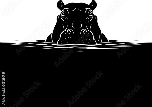 Canvas Print Black silhouette of a hippopotamus head above water surface with hippopotamus si