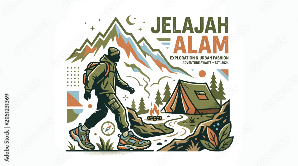 Fototapeta premium A male hiker trekking through the mountains with camping gear.