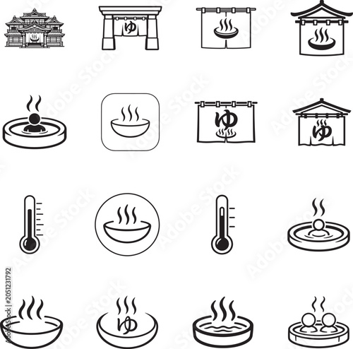 Hot spring icon set with spa, onsen, steam, wellness and relaxation symbols in editable vector style.