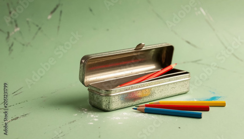Worn Metal Pencil Case on Pastel Green Background, Scratched Tin Box for Vintage, Industrial or Back to School Concept