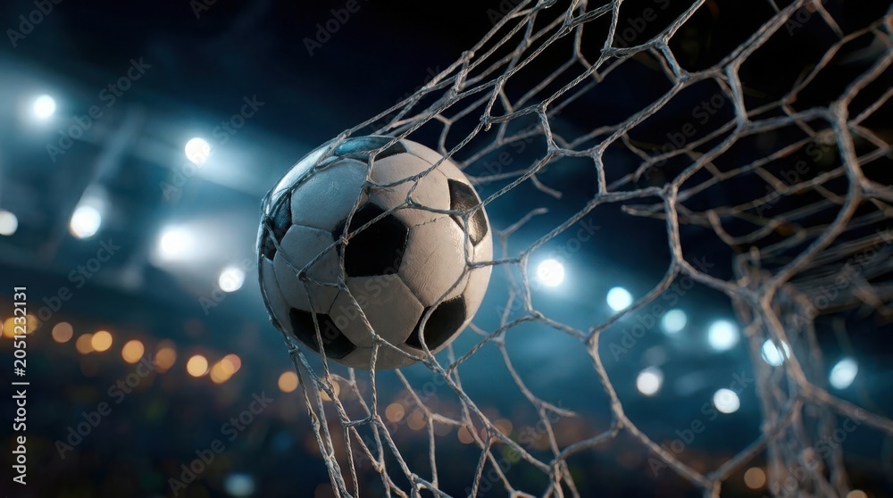 Fototapeta premium Soccer ball flying into goal net during nighttime stadium match