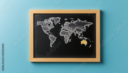 Black School Chalkboard with World Map Drawn in White Chalk, Geography Concept for Education, Travel or Back to School Theme