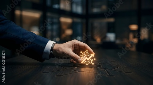 Businessman hand placing glowing growth icon on dark office table for strategic business development