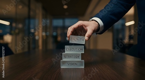 Businessman placing growth block on business strategy stack for corporate success