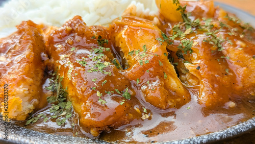 Close-up of crispy chicken katsu covered in thick savory curry sauce with rice, sprinkled with dried herbs.