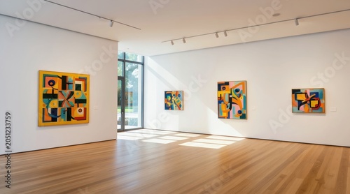 Modern art gallery interior with colorful abstract paintings on white walls. Sunlight streams through large windows illuminating the polished wooden floor. Clean, minimalist space for art exhibition.