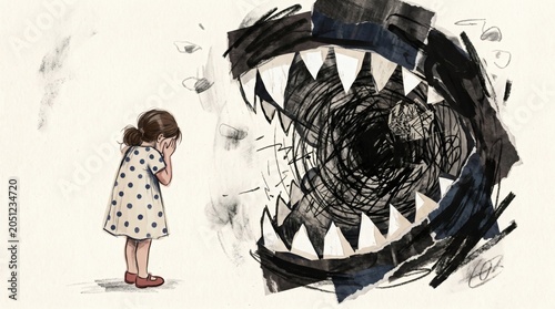 Little Girl Facing a Large Scary Monster Mouth Illustration.
