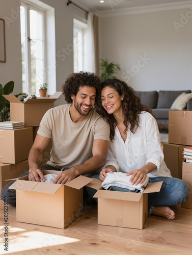 Happy young Brazilian couple unpacking boxes in their new apartment