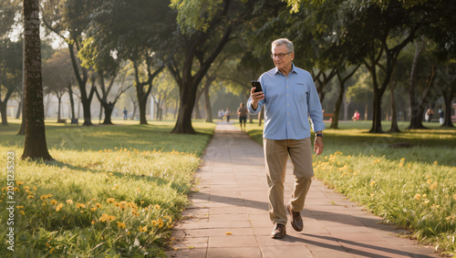 Senior man walking in park using smartphone