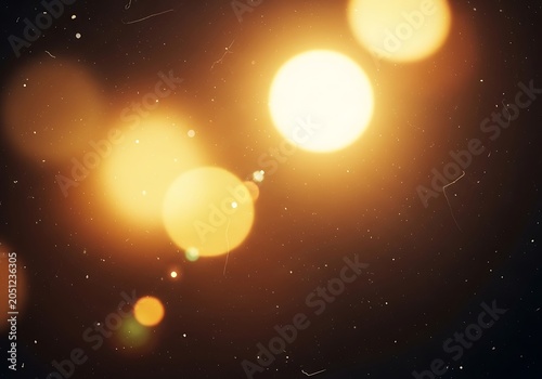 Abstract golden light bokeh background with vintage film dust and scratches