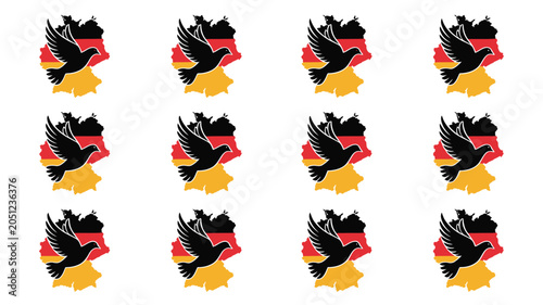 Peace dove flying over german map with flag colors representing harmony and national unity.