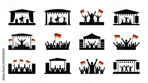 Stage performance icons with musicians singers and audience holding german flag elements.