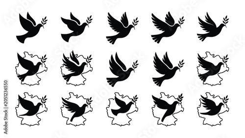 Peace doves with olive branch icons isolated on white and overlaying Germany map shapes set.