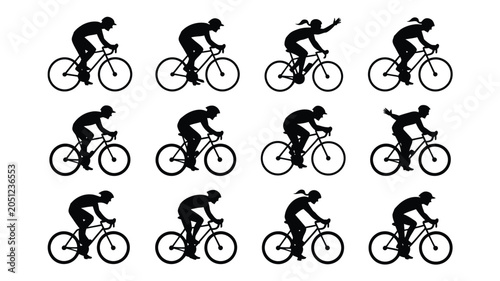 Collection of various cyclist silhouettes featuring people riding bicycles for daily trips.