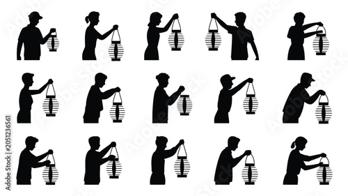 People holding lanterns silhouette set vector illustration for festival and celebration.