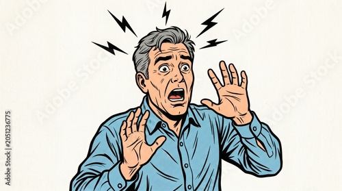 Mans Face Expressing Shock and Fear with Lightning Bolts Above His Head.