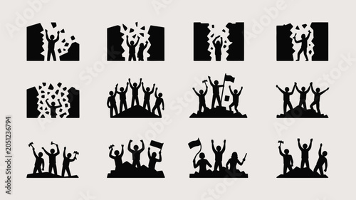 Revolutionary protest crowd breaking wall symbol with raised fists isolated vector illustration.