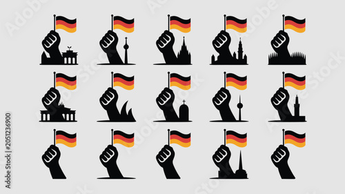 Collection of fifteen silhouette graphics featuring raised fists holding germany flags up.