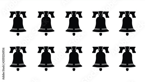 Ten flat black icons depicting liberty bell shape isolated on white background for design.