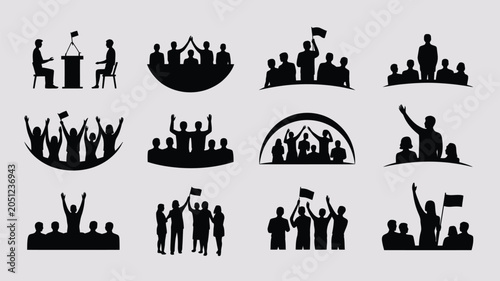 Tableau sur toile Set of twelve black silhouette illustrations featuring crowds of people holding up flags
