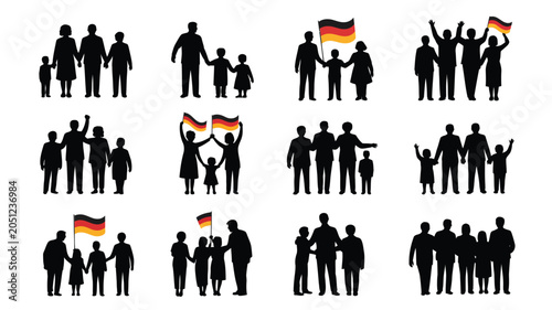 German family silhouettes set with national flags representing unity and togetherness joy.