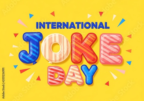 International joke day celebration graphic with colorful balloon typography