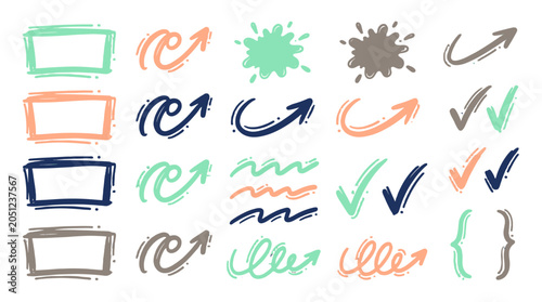 Hand drawn doodle set with arrows check marks frames and splashes