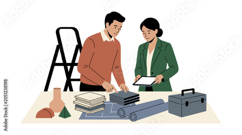 Architects reviewing plans and material samples at a worktable