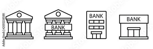 Foto Bank building icon set in thin line style, financial institution architecture sy