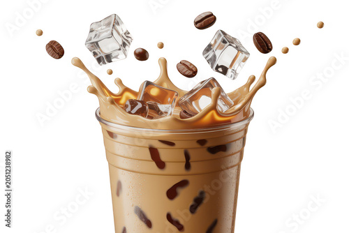 Iced coffee in a clear plastic cup with splashing liquid, floating ice cubes, and roasted coffee beans isolated on a black background