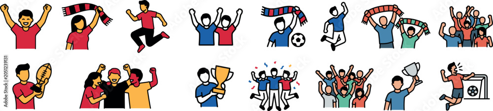 Fototapeta premium Diverse football fans cheering and celebrating victory set. Soccer tournament supporters with scarves and trophy flat outline illustration.