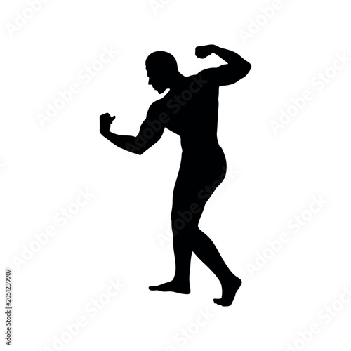 Muscular bodybuilder silhouette, athletic man posing in side profile, fitness and bodybuilding vector icon, black male figure showing muscles