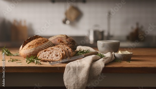 Freshly Baked Bread with Butter and Herbs on a Rustic Wooden Table in a Cozy Kitchen Setting
