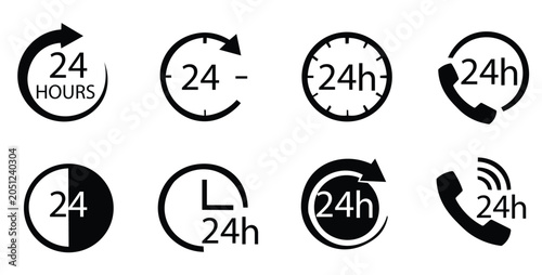 Foto Minimalist 24 hours service icon set, black customer support symbols for around