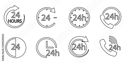Obraz na plátne Minimalist 24 hours service icons set, black outline 24/7 customer support symbo