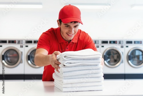 Smiling man in red shirt folds neat stack of white towels in modern bright laundry room. Rows of washing machines behind suggest commercial service. Focused expression shows dedication to clean job.