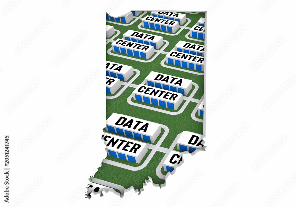 Obraz premium Indiana IN Map Data Centers Building Development State Law Ban Regulation 3d Illustration